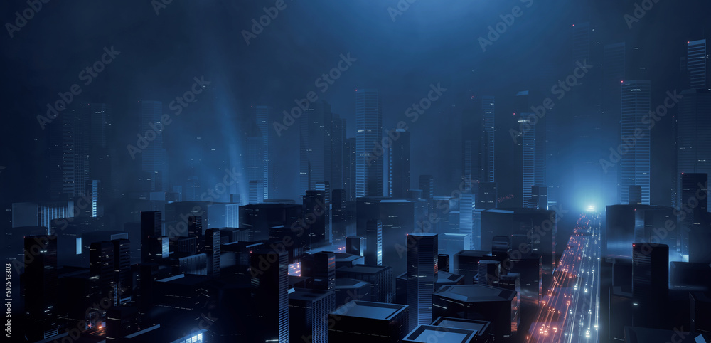 Poster 3d rendering of trail lights from highway and light reflection from buildings in mega city at night.