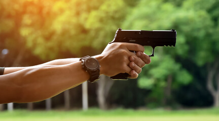 9mm automatic pistol holding in right hand of shooter, concept for security, robbery, bodyguard,...