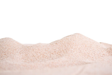 Pile Sand Isolatd on White Background. macro small heap mountain Desert Dry Sandy Beach at Coast of Sea Shore. particle striped texture nature. Tropical Summer Travel Holidays and Environment concept.