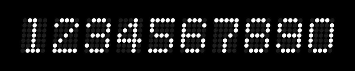 Digital electronic figures set pixel style on black background. Digital numbers for watch, alarm clock, countdown and timer. Vector illustration graphic design