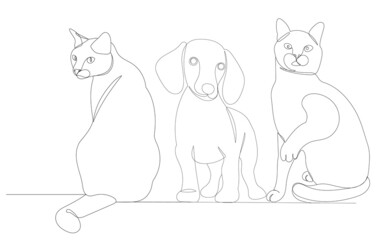dog and cats drawing by one continuous line, sketch vector