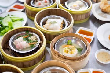 Dim Sum in restaurant. traditional asian food. seafood cooking. food for health concept.