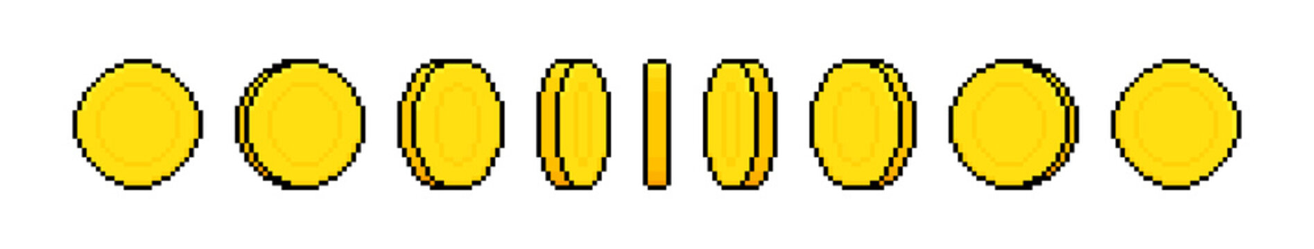 8-bit pixel art coin animation. Pixel money animated frames. Gold coin design for gameing. Vector illustration