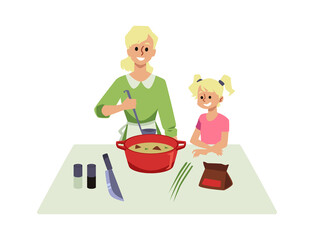 Happy mother and child cook dishes in kitchen flat vector illustration isolated.