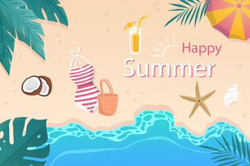 Fototapeta na wymiar Happy summer background in flat cartoon design. Wallpaper with sandy summertime beach with sea, palm leaves, coconut, cocktail, umbrella, swimsuit. Vector illustration for poster or banner template