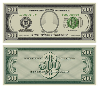 Five hundred dollars banknote. Gray obverse and green reverse fictional US paper money in style of vintage american cash. Frame with guilloche mesh and bank seals. McKinley