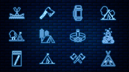 Set line Tourist tent, Campfire, Thermos container, with flag, Rafting boat, Head flashlight and Old wooden axe icon. Vector