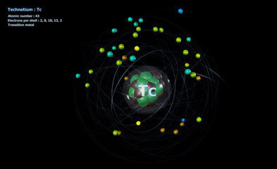 Atom of Technetium with Core and 43 Electrons on black
