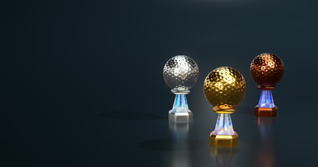 Shiny Golf ball Gold Silver and Bronze Trophies with a Dark background