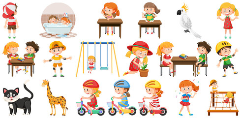 Set of cute kids and objects