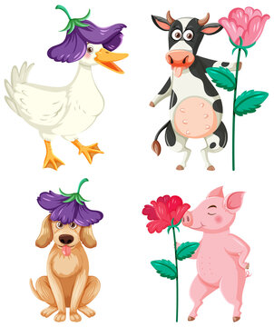 Set of cute animals with flower cartoon character