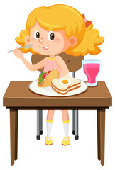 Happy girl enjoy eating food on table