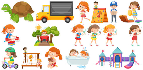 Set of cute kids and objects