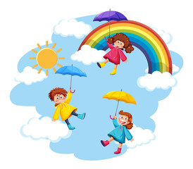 Three kids wearing raincoat in the sky