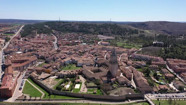 El Burgo de Osma medieval town aerial view in Castille and Leon Spain with blue sky on a sunny day
