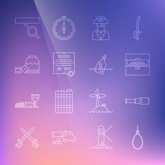 Set line Gallows rope loop hanging, Spyglass telescope lens, Antique treasure chest, Pirate captain, Decree, parchment, scroll, game dice, eye patch and Bottle with message water icon. Vector