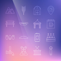 Set line Bottle opener, Pack of beer bottles, Saint Patricks day calendar, Farm House, Hotdog sandwich, Bench, Mountains and Camping tent icon. Vector