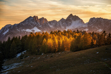 Great autumn views of the Alps from Vosca hill in Karavanke mountain range