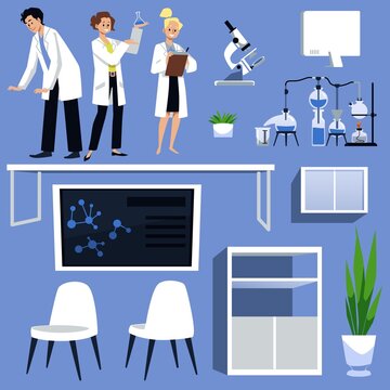 Scientists and laboratory equipment collection flat vector illustration isolated.