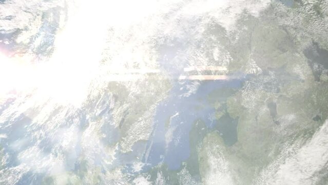 Earth zoom in from outer space to city. Zooming on Teby, Sweden. The animation continues by zoom out through clouds and atmosphere into space. Images from NASA