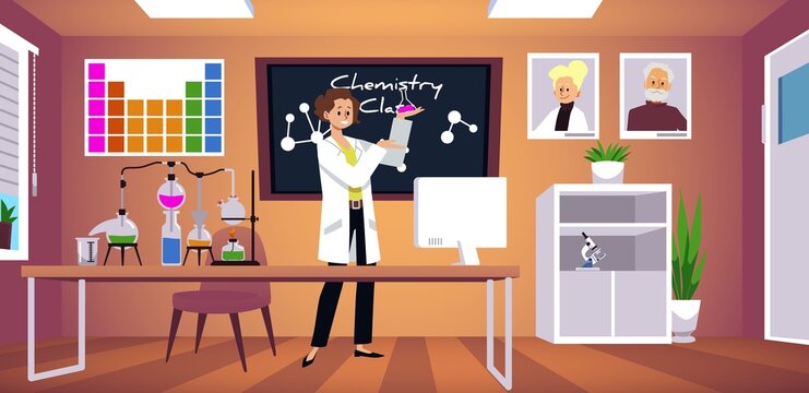 Teacher of chemistry in classroom in school or university, vector illustration.