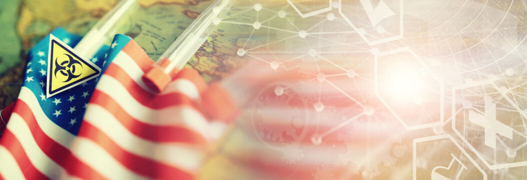 American flag, test tubes and biohazard sign. The concept of American biolabs and research centers.