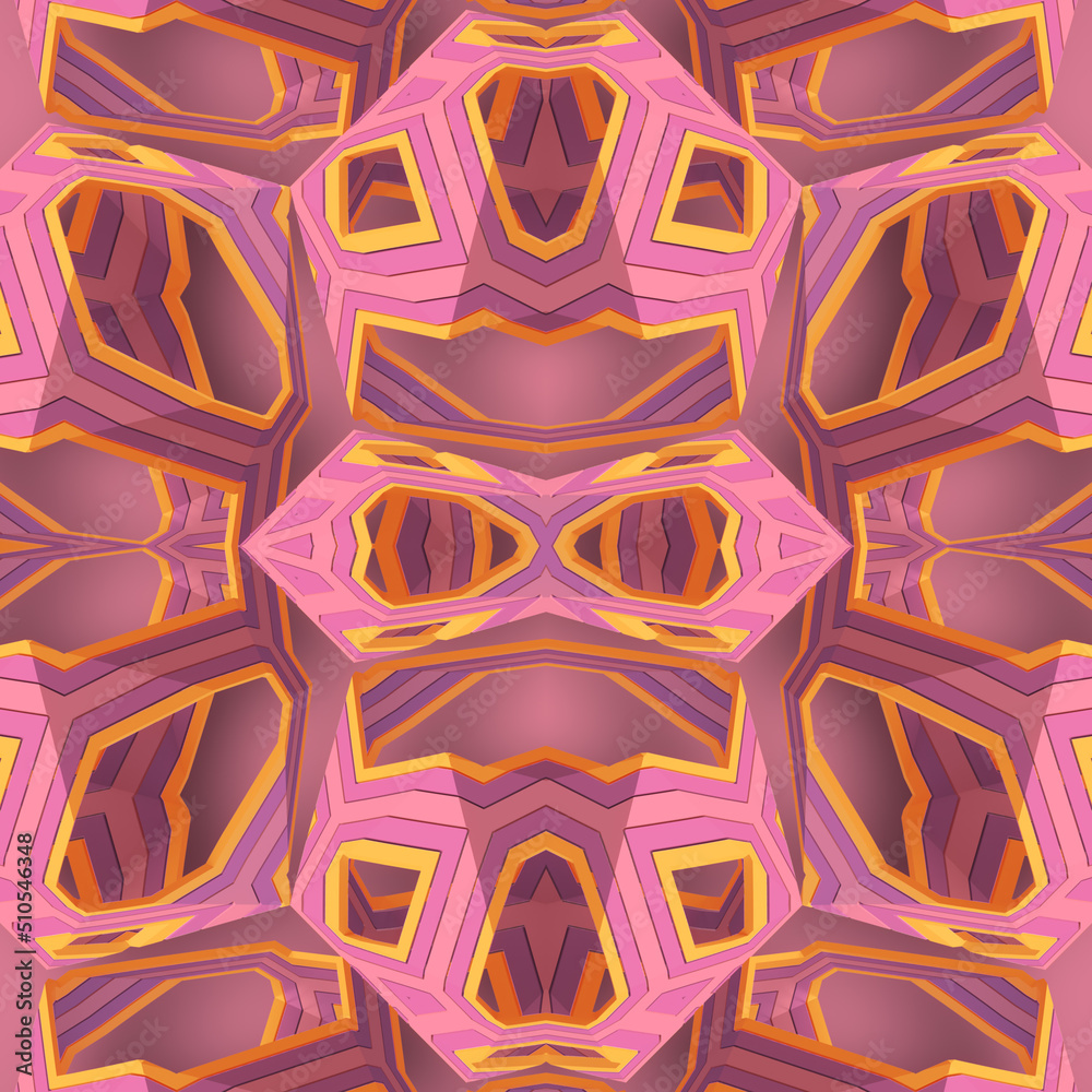 Poster Pink psychedelic kaleidoscopic pattern. Abstract geometric background in trendy style. 3d rendering digital illustration