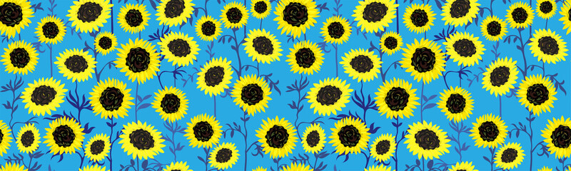 Seamless pattern with sunflowers on a rich blue background. Floral print with wildflowers. Rustic concept, national motives. Abstract botanical wallpaper in hand-drawn style. Vector illustration.