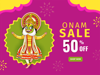 50% Discount Offer For Onam Sale Poster Design With Cheerful Kathakali Dancer Character.