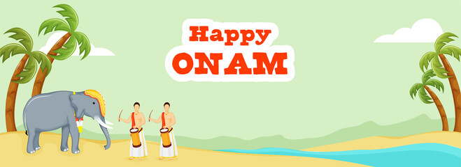 Sticker Style Happy Onam Lettering With South Indian Drummers, Elephant Animal, Coconut Or Palm Tree On Riverside Green And Yellow Background. - obrazy, fototapety, plakaty