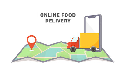 Online Food Delivery Banner Design With Smartphone, Truck, Map Navigation Against White Background.