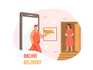 Delivery Man Giving Parcel To Female Customer At Doorstep Through Smartphone On Pink And White Background.