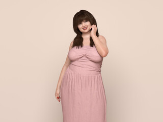3D Render : Portrait of standing  endomorph (overweight) female body type, Smiling Plus size woman happily standing idle in the studio