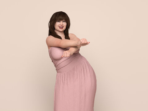 3D Render : Portrait of standing  endomorph (overweight) female body type, Smiling Plus size woman happily dance with herself