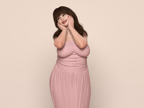3D Render : Portrait of standing  endomorph (overweight) female body type, Smiling Plus size woman with blush face and shy gesture