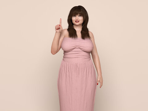 3D Render : Portrait of standing  endomorph (overweight) female body type, Smiling Plus size woman happily point out her index finger gesture 