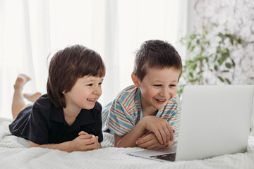 Online training. Boys watch lessons on a laptop. Children use gadgets in everyday life. Children...