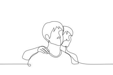 male friends stand side by side in an embrace - one line drawing vector. concept male friendship, support, skinship