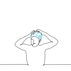 man washes his head with foam on his hair - one line drawing vector. the concept of shampoo for men, hair and head hygiene