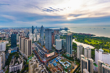 Landmark City Skyline in the Downtown Area of Haikou City, Hainan Pilot Free Trade Zone and Free Trade Port of China.
