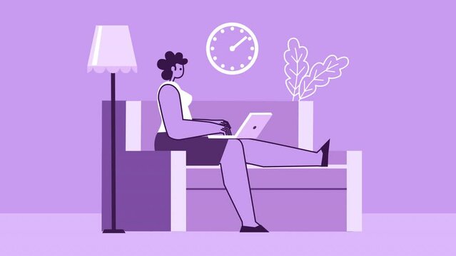 Purple Style Woman Flat Character Working at Home on Couch with Laptop. Isolated Animation with Alpha Channel