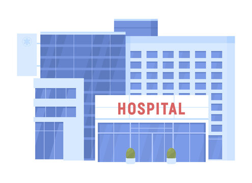 Hospital building semi flat color vector object. Editable figure. Full sized item on white. Medicine simple cartoon style illustration for web graphic design and animation. Akrobat font used
