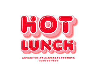 Vector modern Emblem Hot Lunch. Bright Stylish Font. Artistic Red Alphabet Letters and Numbers