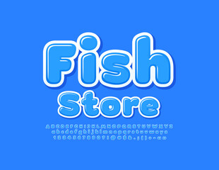 Vector blue Emblem Fish Store. Bright Creative Font. Artistic Alphabet Letters and Numbers set
