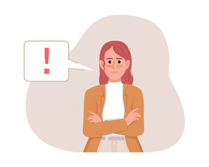 Focus attention on potential problem 2D vector isolated illustration. Confident woman flat character on cartoon background. Colourful editable scene for mobile, website. Recursive font used