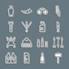 Set line Road traffic sign, Hipster arrows, Hunter knife, Binoculars, Bird footprint, Flashlight, Canteen water bottle and Camping gas stove icon. Vector