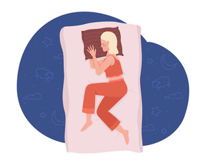 Sleeping on side comfortably at night 2D vector isolated illustration. Resting young woman flat character on cartoon background. Colourful editable scene for mobile, website, presentation