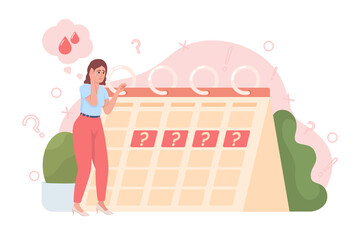 Irregular periods 2D vector isolated illustration. Worried lady flat character on cartoon background. Colorful editable scene for mobile, website, presentation. Nerko One Regular, Quicksand fonts used