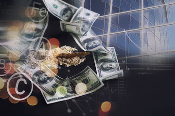 World grain crisis. Double exposure. A handful of cereals and 100 dollar banknotes on a blue...