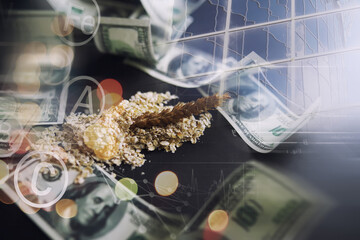 World grain crisis. Double exposure. A handful of cereals and 100 dollar banknotes on a blue background.